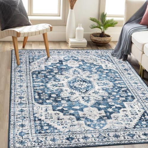 Moynesa Ultra-Thin Vintage 8x10 Area Rugs - Blue Bedroom Rugs for Living Room Non-Slip Stain Resistant, Printed Oriental Playroom Mat Indoor Floor Carpet for Dining Table Office Decor by Moynesa