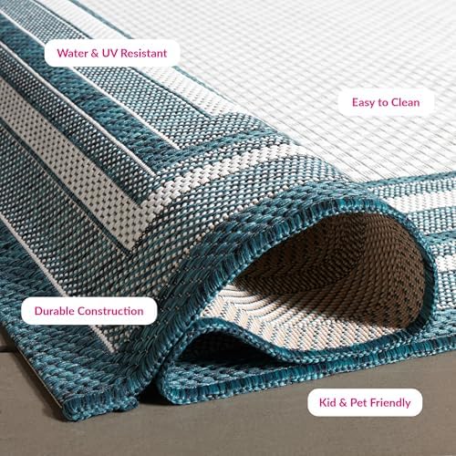 SAFAVIEH Washable Rug Outdoor Courtyard Collection - 10' Square, Ivory & Teal, Non-Shedding & Easy Cleaning, Ideal for Patio, Backyard, Mudroom (CY8475-53512) - Image 3