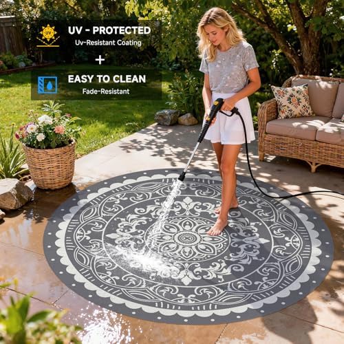 Pauwer Waterproof Outdoor Rug 8ft, Plastic Straw Patio Mat, Paisley Grey - Image 4