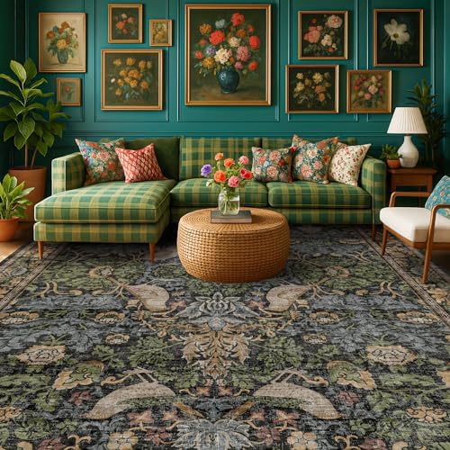 Vintage Green Rug for Extra Large Bedroom - Washable 10x12 Area Rug for Living Room, Dining Room Under Table, Boho Bird Decor, Soft Low Pile Non-Slip & Stain Resistance Brown Accent Carpet - Image 3