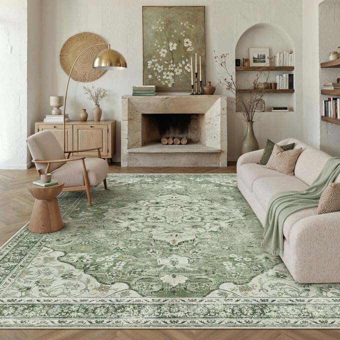 PureCozy Sage Green Area Rug 9x12 Living Room Vintage Non-Slip Carpet by PureCozy