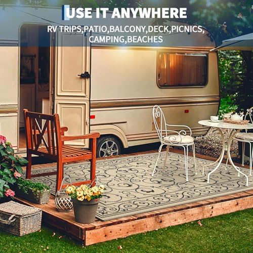 GAOMON Outdoor Rug Waterproof 9x12 Patio Rug Durable Indoor Outdoor RV Mat, Reversible Camping Carpet, Foldable Plastic Straw Rug for Patio, Porch, Deck, Balcony, Beach,Vintage-Black&Beige - Image 7