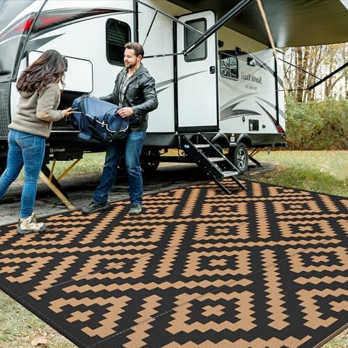 GENIMO Outdoor Rug, Waterproof Plastic Rugs for Patio, 10'x10' Black Brown by GENIMO