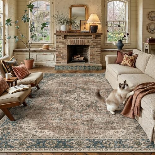 HUGEAR 9x12 Blue Brown Retro Floral Washable Area Rug for Living Room by HUGEAR