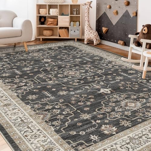 Area Rug for Living Room - 10x12 Soft Washable Oriental Vintage Floral Distressed Large Carpet - Fade Stain Resistant Non Slip Rugs for Bedroom Dining Room Nursery Dorm Office Home Decor - Black - Image 6