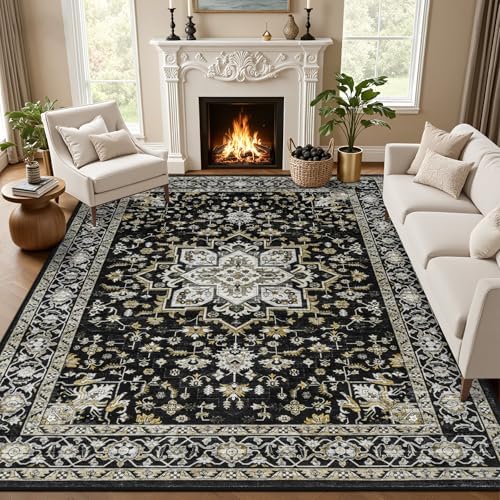 10x12 Area Rugs Living Room: Washable Rug for Bedroom Black Gold by EXPEDIX