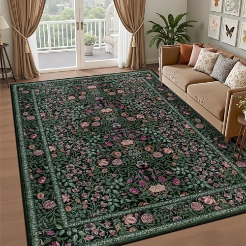 5x7 Area Rug Living Room: Soft Floral Washable Boho Carpet Green - Image 2