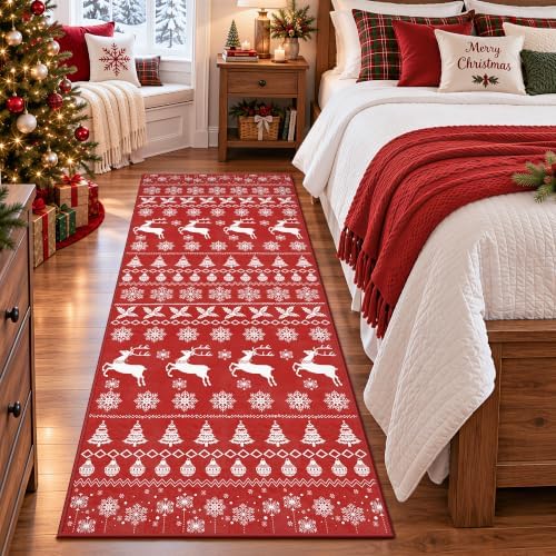 Christmas Runner Rug 2x6 Red Washable Rugs for Hallway, Soft Non-Slip Low Pile Christmas Tree Elk Snowflake Carpet for Kitchen Entryway Bedroom Kids Nursery Holiday Throw Home Decor(Red Elk) - Image 4