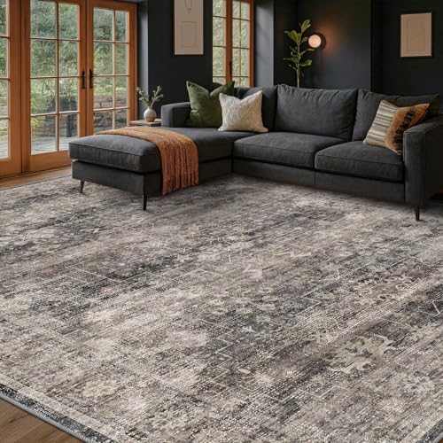Farmhouse Charcoal Stone 6x9 Rug for Dining Room, Modern Large Area Rugs for Living Room, Boho Washable Rug for Bedroom with Distressed Geometric Design, Stain Resistant Low Pile Non-Slip by Unknown