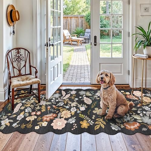 4x10 Washable Runner Rug for Hallway: Scalloped Floral Kitchen Rugs Black by BYYVOORugsforYourHome