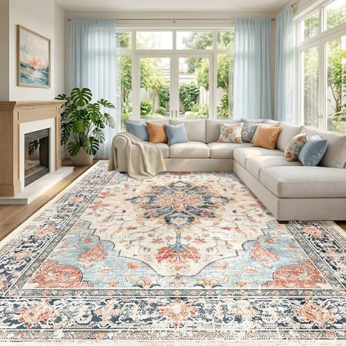 RELEANY Washable Area Rug, Large 10'x12', Beige/Blue/Orange by RELEANY
