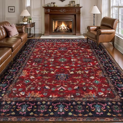 Tangsoo Red 6x9 Washable Area Rugs for Living Room, Vintage Non Slip Rug by Tangsoo