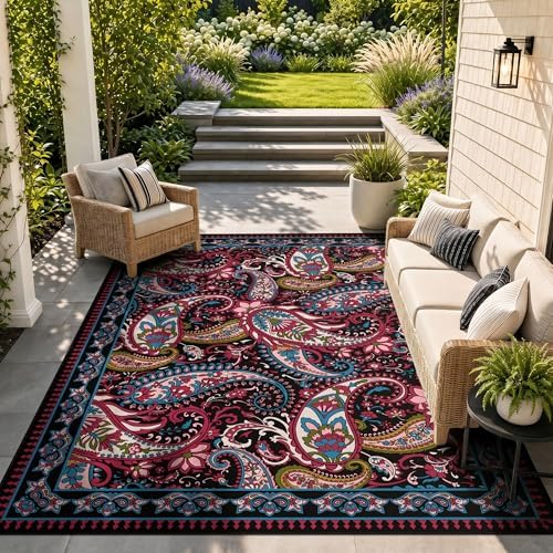 Arenarug Paisley Waterproof Outdoor Rug 8x10, UV Resistant, Magenta‌ - Image 6
