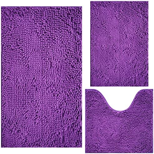 Bathroom Rugs Chenille 3-Piece Extra Soft and Absorbent Shag Bathroom Rugs, Machine Wash Mat, Strong PVC Non-Slip Underside, Plush Carpet Mats (Violet) by BOANKODU