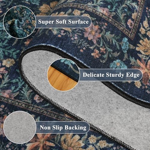 DUKINO 10x14 Rug for Living Room Washable Vintage Floral Area Rug Dark Blue - Image 7