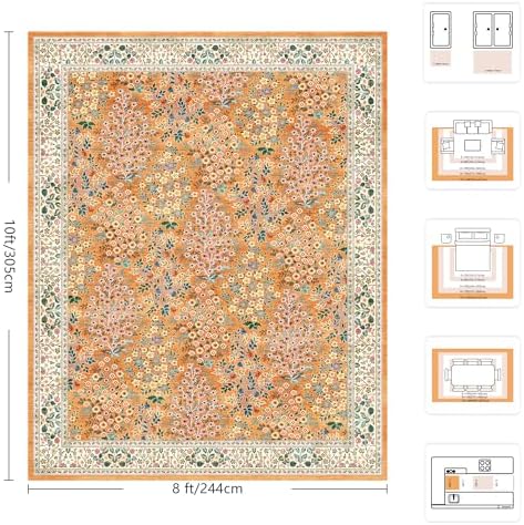 8x10 Area Rugs, Machine Washable Low Pile Floral Rugs for Living Room, Bedroom, Large Boho Area Rug with Non-Slip Backing for Dining Room(Orange Floral) - Image 2