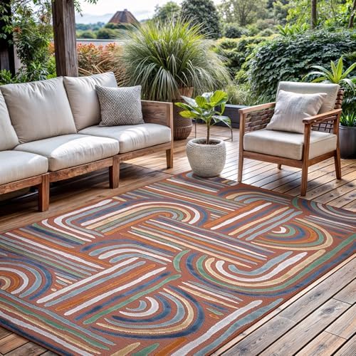 CAMILSON Indoor Outdoor Rug, Orange 6x9 Geometric Arch Striped Area Rugs for Patio and Home Areas, Easy-Cleaning Non-Shedding Living Room, Garden and Deck Washable Outside Carpet (6 x 9) by CAMILSONIndoorOutdoorAreaRugs