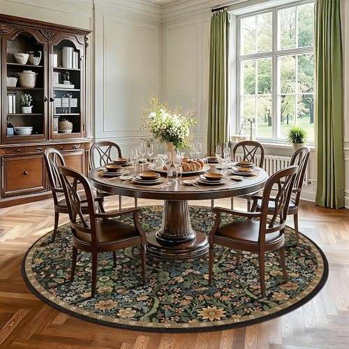 Round Rug 7ft Floral Circle Rug Brown Botanical Indoor Area Rugs - Image 3