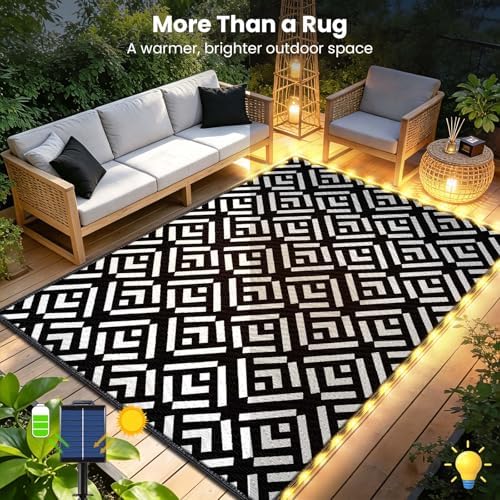 Outdoor Rug 6x9Ft, Solar Powered Outdoor Camping Rug with 94LEDs Strip Lights, Waterproof Plastic Reversible Outdoor Straw Rug, Rug Mat for RV Camping Patio Beach Balcony House Deck Picnic - Image 2