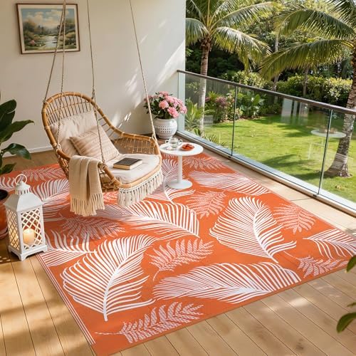 Pauwer Waterproof Outdoor Rug 9x12, Plastic Straw Patio Rug, Leaf Orange - Image 7