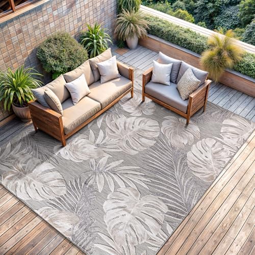 CAMILSON Indoor Outdoor Rug, Beige 6’x9’ Leaf Tropical Botanical Area Rugs for Indoor and Outdoor patios, Easy-Cleaning Non-Shedding Living Room, Garden and Kitchen Washable Outside Carpet (6x9) by CAMILSONIndoorOutdoorAreaRugs