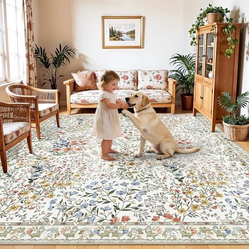 10x10 Square Area Rug Living Room: Boho Floral Washable Mat for Dining Room Bedroom Office High Traffic Area Soft Non Slip Low Pile Indoor Carpet for Vintage Farmhouse Home Decor (10ft Square, Beige) by YOUFORTONG