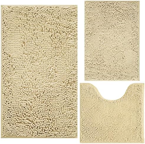 Bath Rugs Chenille 3-Piece Extra Soft and Absorbent Shag Beige Bathroom Rugs, Machine Wash Mat, Strong PVC Non-Slip Underside, Plush Carpet Mats (Beige) by BOANKODU