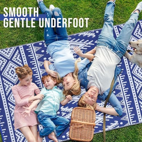 OLANLY Outdoor Rug 9x18 ft Waterproof Reversible Boho Mat, Blue & White - Image 5