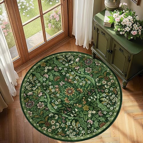Round Rug 4ft Floral Circle Rug Green Botanical Indoor Area Rug - Image 3