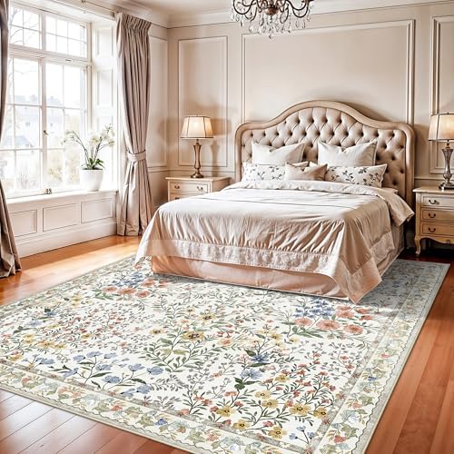8x8 Square Area Rug Living Room, Non-Slip Floral Washable 8ft Square Rug Low Pile Thin Indoor Carpets for Dining Room Bedroom Office High Traffic Area Boho Vintage Home Decor (8ft Square, Beige) - Image 4