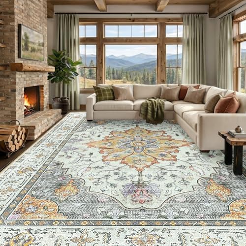 RELEANY Washable Area Rug, Large 10'x14', Beige/Carbon Grey/Orange by RELEANY