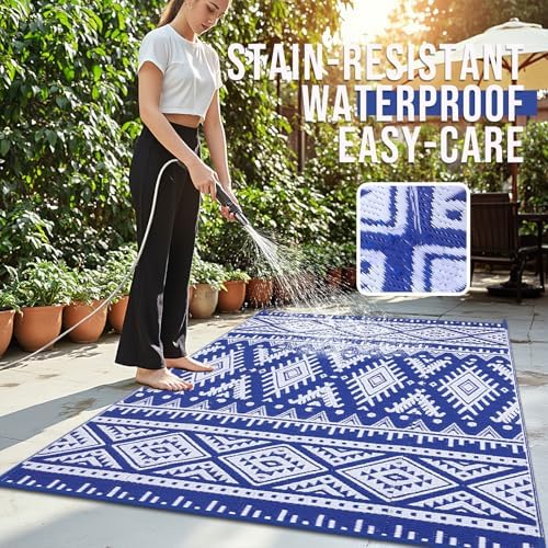 OLANLY Outdoor Rug 6x9 ft Waterproof Reversible Boho Mat, Blue & White - Image 3