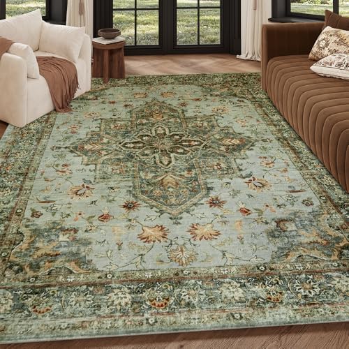 5x7 Green Washable Area Rug for Living Room, Vintage Print by Unknown