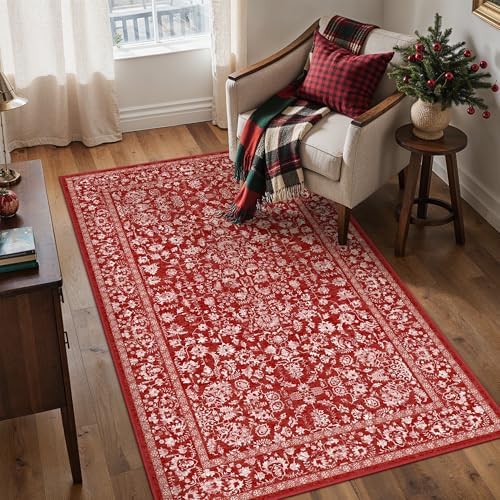 PureCozy Red Small Area Rug 3x5 Vintage Floral Farmhouse by PureCozy