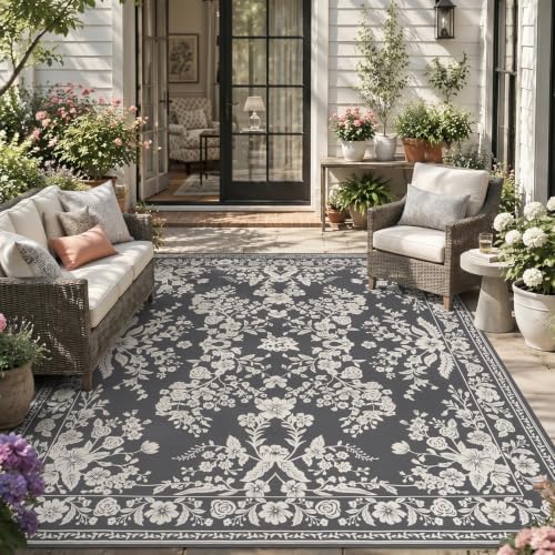 AMOAMI-Outdoor Rug-Patio Rug 5x8 ft Quick Dry Machine Washable Flatweave Textured Outdoor Carpet with Rubber Particles Backing Indoor Outdoor Rugs for Patio Deck Front Porch Balcony Greyish Black by AMOAMI