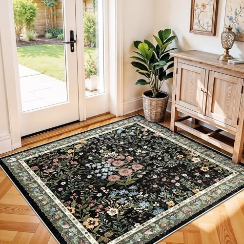 4x4 Square Entry Rug Entryway Foyer: Non-Slip Floral Washable Rugs for Living Room Indoor Floor Kitchen Bedroom - Soft Thin Doormat Carpet Boho Vintage Home Decor (4ft Square, Black) by YOUFORTONG