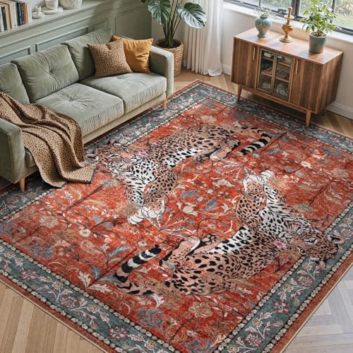 Moynesa Leopard Washable Rugs, 8x10 Area Rugs for Living Room, Soft Large Vintage 8x10 Bedroom Rug, Botanical Non Slip Ultra Thin Floor Carpet for Dining Room Home Office, Rust by Moynesa