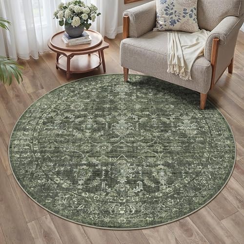 4ft Round Washable Office Rug Non-Slip Retro Dark Green Throw Carpet by HOME
