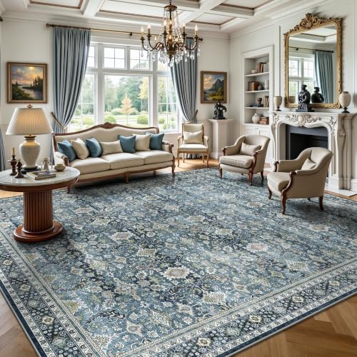 8x10 Area Rugs for Living Room - Washable Vintage Retro Large Rug, Soft Ultra Thin Non Slip Low Pile Traditional Distressed Boho Carpet for Bedroom Dining Room Home Office, Blue by Yarooge