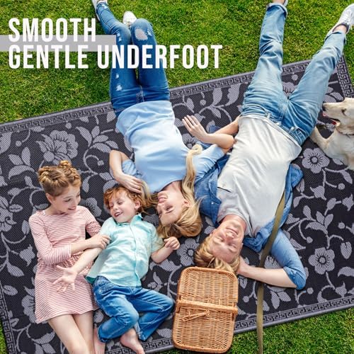 OLANLY Outdoor Rug 4x6 ft Waterproof Reversible Floral Mat, Black & Grey - Image 5