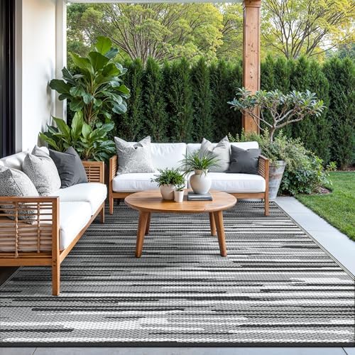 GENIMO Outdoor Rug for Patio Clearance, 6'x9' Waterproof Camping Mat, Reversible Plastic Straw Rugs for RV, Camper, Balcony, Backyard, Picnic, Deck (Black White) - Image 3