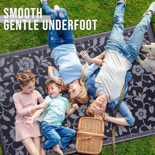 OLANLY Outdoor Rug 9x12 ft Waterproof Reversible Floral Mat, Black & Grey - Image 5