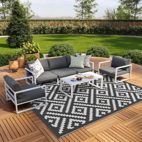 GENIMO Outdoor Rug, Waterproof Plastic Rugs 9'x12' for Camping Black White by GENIMO