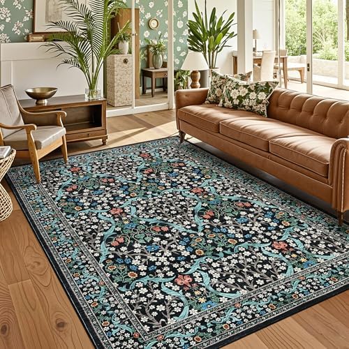 GarveeHome Floral Area Rugs 5x7, Washable Rug for Living Room, Bedroom, Low Pile Non Slip Stain Resistance Indoor Boho Carpet Mat for Farmhouse, Dining Room, Office, Black by GarveeHome