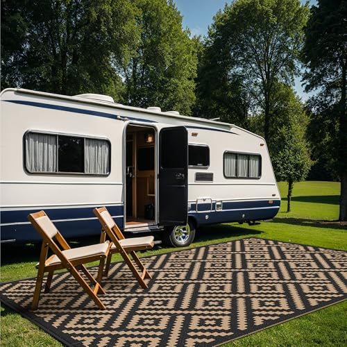 GENIMO Outdoor Rug, Waterproof Plastic Rugs 9'x18' for Camping Black Brown - Image 3