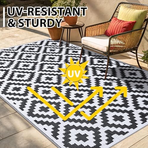 Smiry Outdoor Rug 4x6 ft Waterproof Reversible Boho Mat, Black & White - Image 4