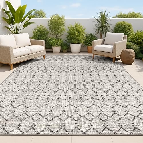 JONATHAN Y Moroccan Geometric Indoor Outdoor Area Rug 9X12 Light Gray/Black, Ourika Textured Weave for Backyard, Patio, Porch, Easy-Cleaning, High Traffic, Pet-Friendly, Non-Shedding (SMB108E-9) by JONATHANY