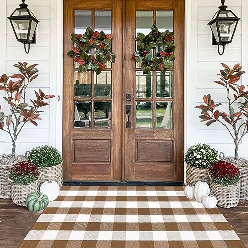 CAINANEL Fall Ourdoor Rug Farmhouse Brown and White Buffalo Check Rug Layered Welcome Door Mat for Front Porch Decor, Front Door, Farmhouse Decor(35.4''x59'', Coffee and White) by CAINANEL