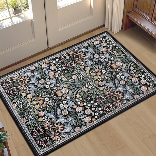 PLHXFR 2x3 Small Entryway Rug: Floral Washable Indoor Carpet Dark Black by PLHXFRSoftAreaRugs