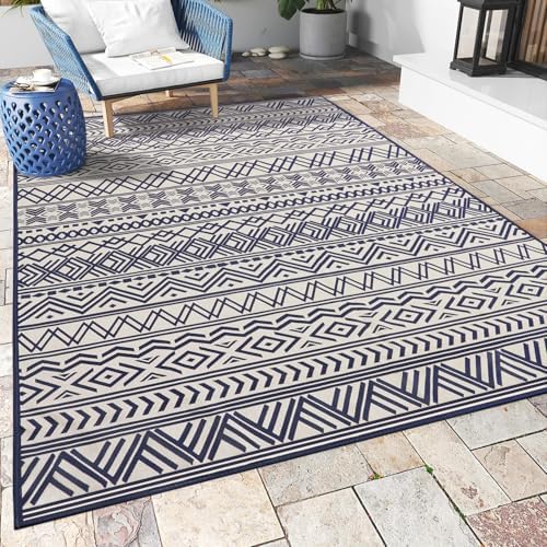 Outdoor Rug Carpet 5x8 ft, Flatweave Textured Outdoor Patio Rug Non Slip Indoor Outdoor Rugs with Rubber Particles Backing Boho Outdoor Area Rug for Patio Deck Front Porch Backyard Balcony, Navy by MontVoo